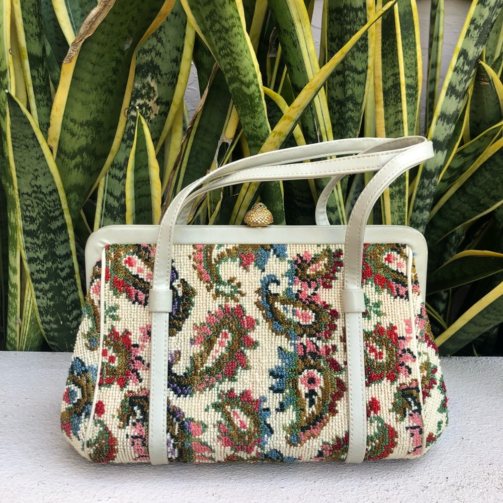 Floral Paisley Embroidery Purse Carpet Bag Mary Poppins Vintage 60s 70s Pink - Picture 5 of 8